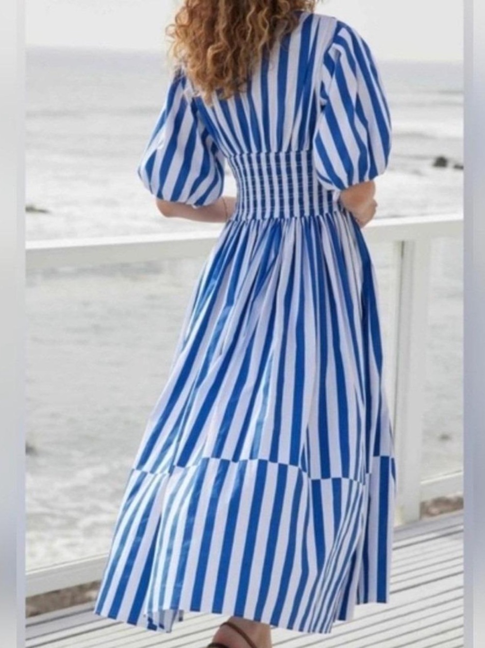 AYR The Extra Extra Puff Sleeve Midi Dress in Marais Blue Regatta Stripe XS - Picture 3 of 16